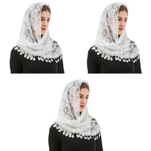 PALAY® Mass Veil for Women Triangle Chapel Mantilla Lace Shawl Embroidery Rose Tassle Scarf Ladies Cathedral Headwear Church Covering White 3 PCS PALAY® Mass Veil for Women Triangle Chapel Mantilla Lace Shawl Embroidery Rose Tassle Scarf Ladies Cathedral Headwear Church Covering White 3 PCS